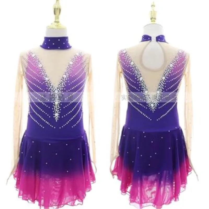 피겨스케이트 Long Sleeve Women Shiny Rhinestone Figure Skating Dress Ballet Rhythmic Gymnastics Lyrical Dance Одежда дл