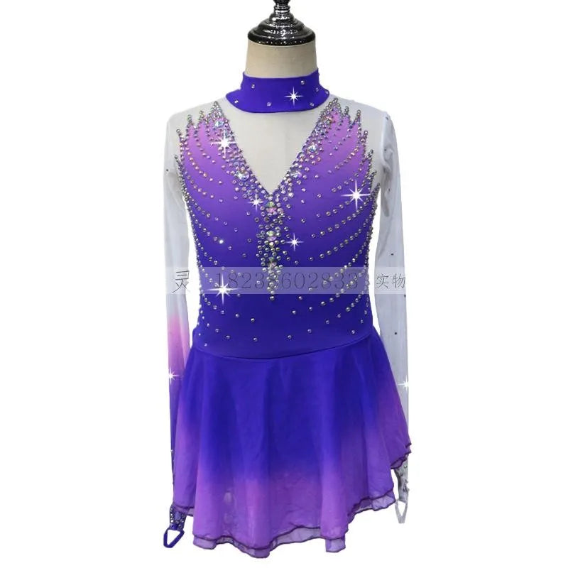 피겨스케이트 Long Sleeve Women Shiny Rhinestone Figure Skating Dress Ballet Rhythmic Gymnastics Lyrical Dance Одежда дл