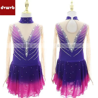 피겨스케이트 Long Sleeve Women Shiny Rhinestone Figure Skating Dress Ballet Rhythmic Gymnastics Lyrical Dance Одежда дл